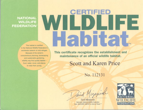 National Wildlife Federation Certified Wildlife Habitat certificate