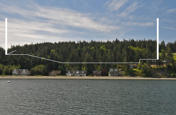 View of property from Penn Cove with property boundaries of Price Sculpture Forest park in Coupeville on Whidbey Island