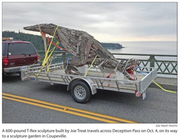 Skagit Valley Herald photo of Joe Treat T Rex sculpture crossing Deception Pass Bridge to Price Sculpture Forest - closeup