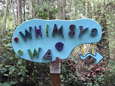 Linda Hauser Michael Hauser Whimsy Way trail sign at Price Sculpture Forest