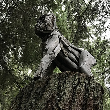 Sculptor Joe Treat sculpture Gorilla at Price Sculpture Forest park garden in Coupeville on Whidbey Island