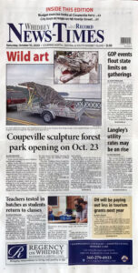 Whidbey News Times October 10 2020 front page cover story about Price Sculpture Forest