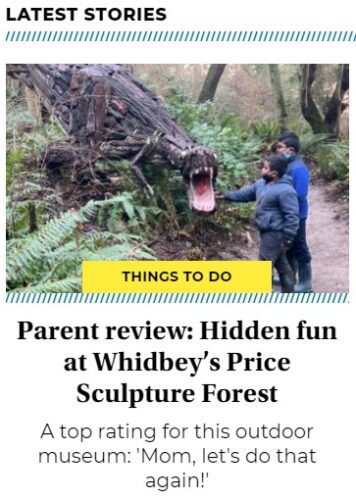 2020-12-26 Seattles Child cover page article intro about Price Sculpture Forest park garden in Coupeville on Whidbey Island