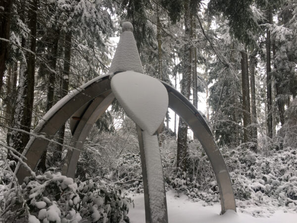 Gary Gunderson Pentillium in snow at Price Sculpture Forest park garden Coupeville Whidbey Island