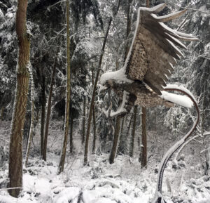 Greg Neal Attacking Eagle in snow at Price Sculpture Forest park garden Coupeville Whidbey Island