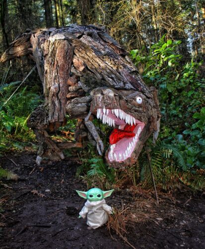Joe Treat Tyrannosaurus Rex with Baby Yoda Grogu at Price Sculpture Forest - photo by Calex Haney from Oak Harbor WA Instagram concordiaphotos