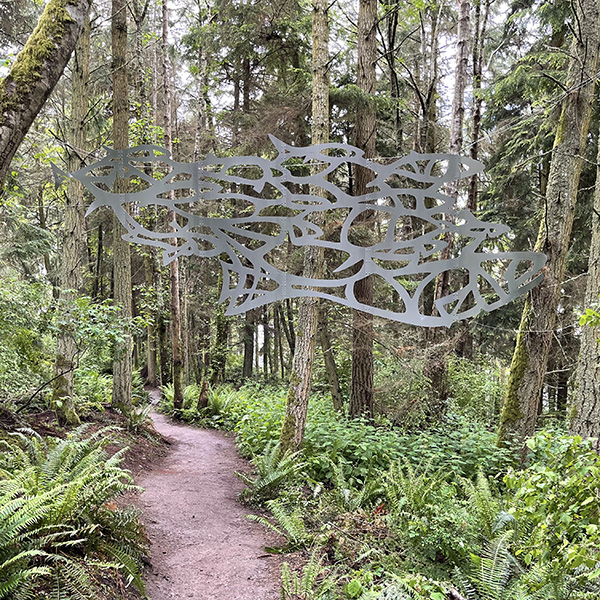 Daniella Rubinovitz Flying Fish at Price Sculpture Forest park garden in Coupeville on Whidbey Island