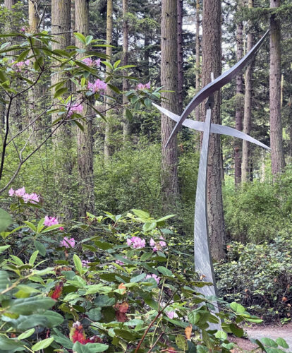 Rhododendrons blooming with Wind Shear by Jeff Kahn at Price Scuplture Forest park garden in Coupeville on Whidbey Island