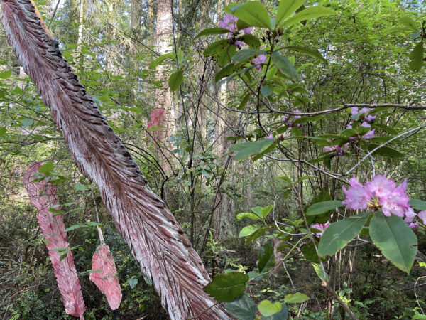 Rhododendrons with Icarus Was Here by Pat McVay at Price Sculpture Forest park garden in Coupeville on Whidbey Island