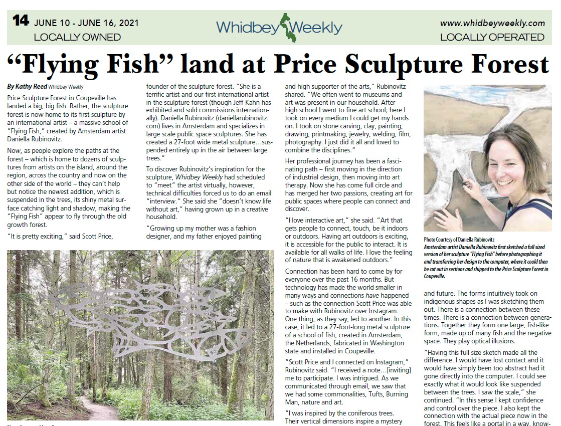 Whidbey Weekly article intro Flying Fish Land At Price Sculpture Forest about Daniella Rubinovitz