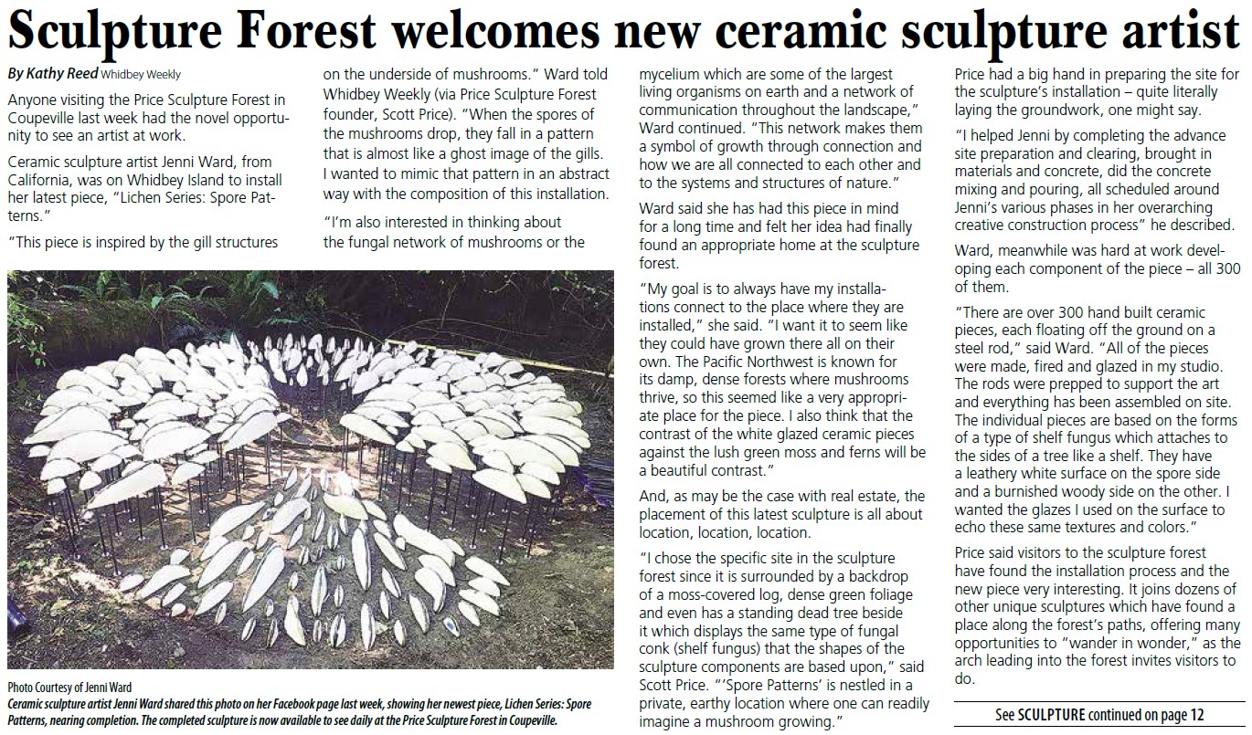 Whidbey Weekly article Sculpture Forest Welcomes New Ceramic Sculpture Artist by Kathy Reed intro about Jenni Ward at Price Sculpture Forest