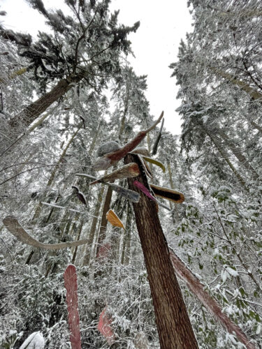 Icarus Was Here by Pat McVay in snow at Price Sculpture Forest