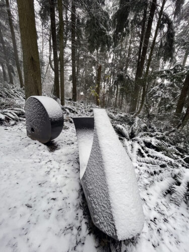 Inside Out 14 and 15 by MacRae Wylde in snow at Price Sculpture Forest