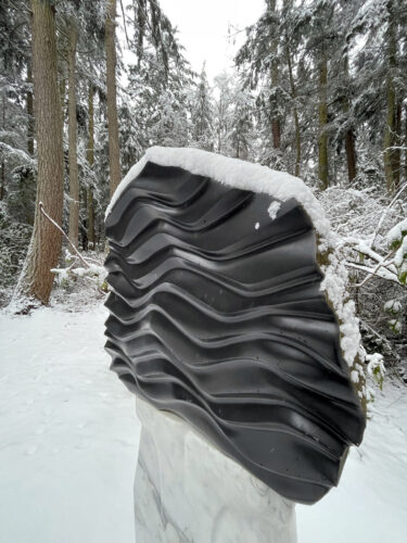 We Are Water by Sue Taves in snow at Price Sculpture Forest