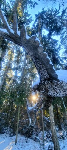 Attacking Eagle by Greg Neal in snow at Price Sculpture Forest - photo by Lisa Dills Instagram onedayatatimeinphotos