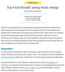 Seattle's Child Top 6 Kid-friendly Spring Break Outings includes Price Sculpture Forest