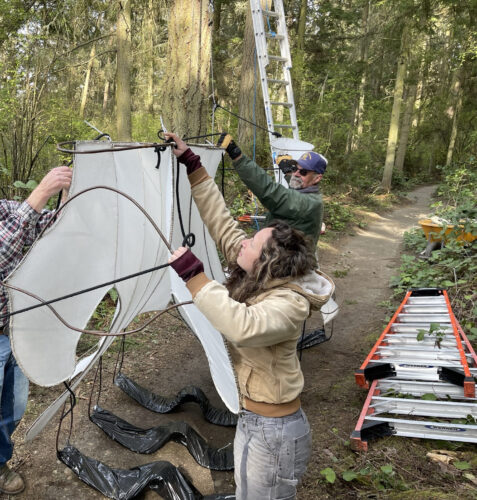 Sarah Fetterman and Robert Davenport installing Vertebrae at Price Sculpture Forest