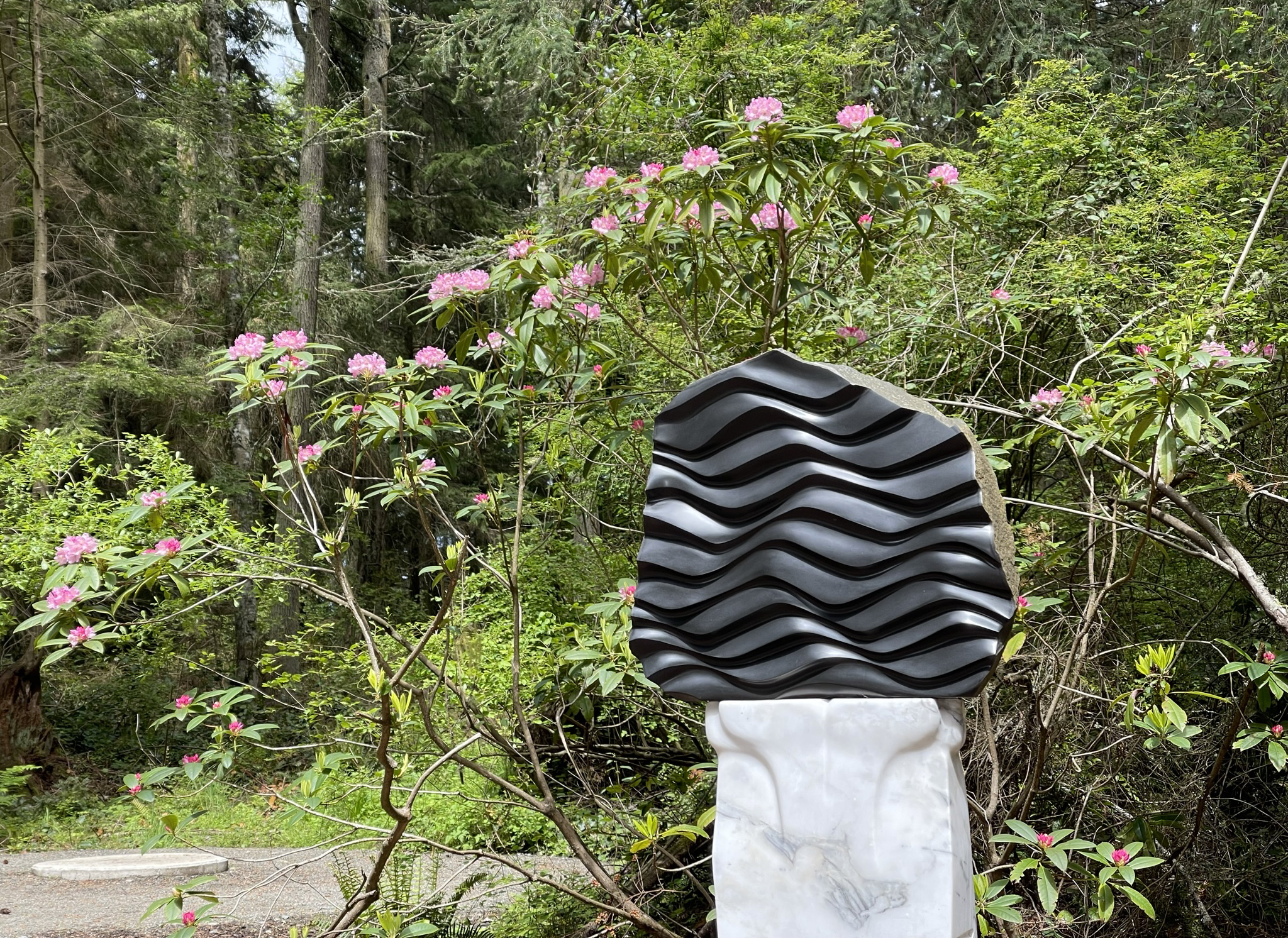We Are Water by Sue Taves with blooming rhododendrons at Price Sculpture Forest