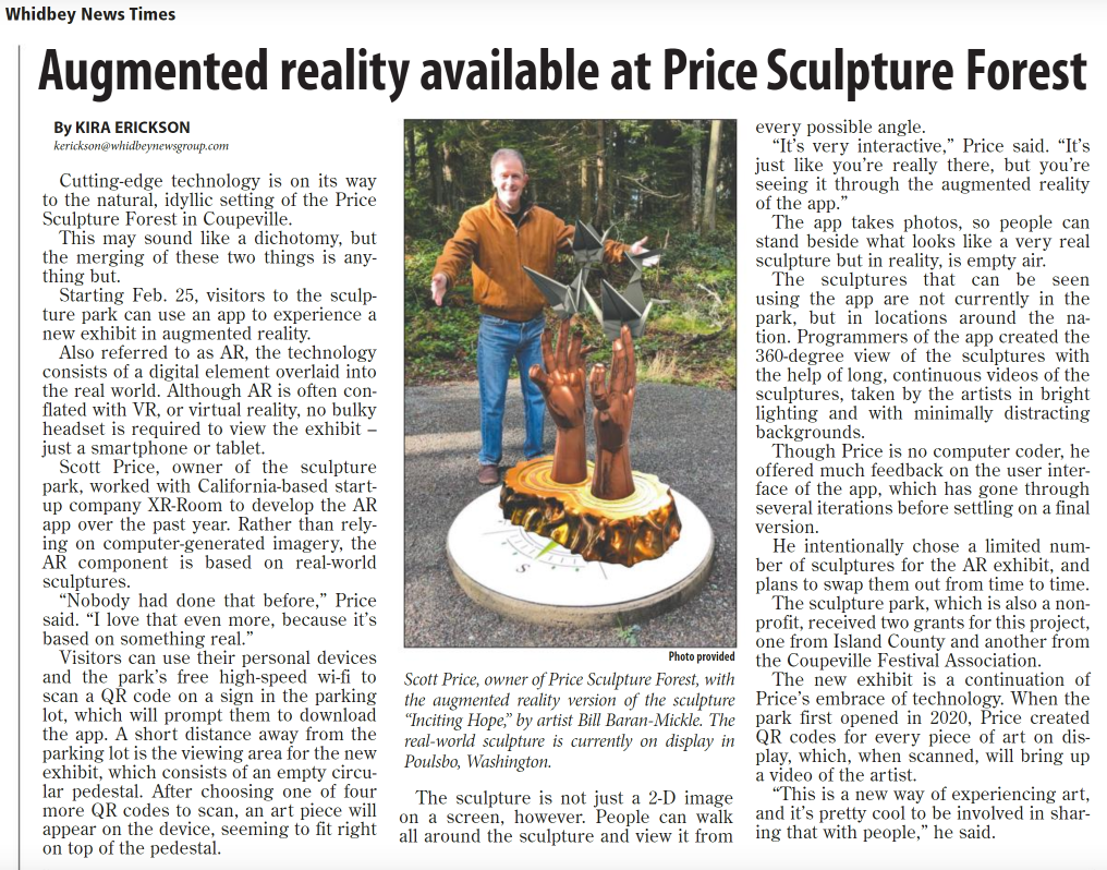 Whidbey News-Times article Augmented Reality Exhibit To Open At Price Sculpture Forest by Kira Erickson