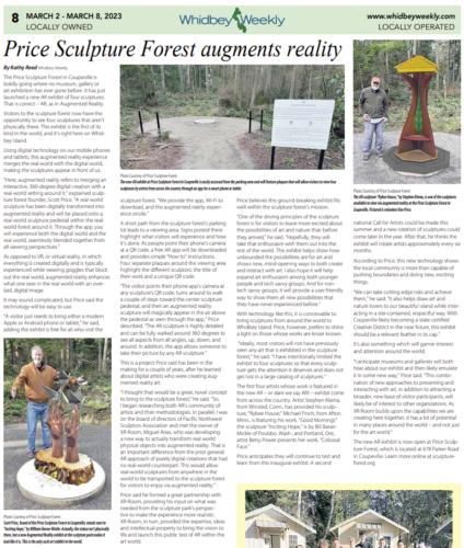 Whidbey Weekly article Price Sculpture Forest Augments Reality by Kathy Reed