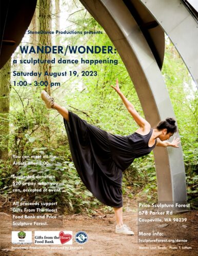 WANDER WONDER a sculptured dance happening 2023 by StoneDance Productions at Price Sculpture Forest, dancer Leah Terada, photo by Terrel Lefferts, sculpture Pentillium by Gary Gunderson