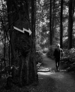 Arrow sign by Lydia Price with Bill on trail at Price Sculpture Forest - photo by Heather Binns