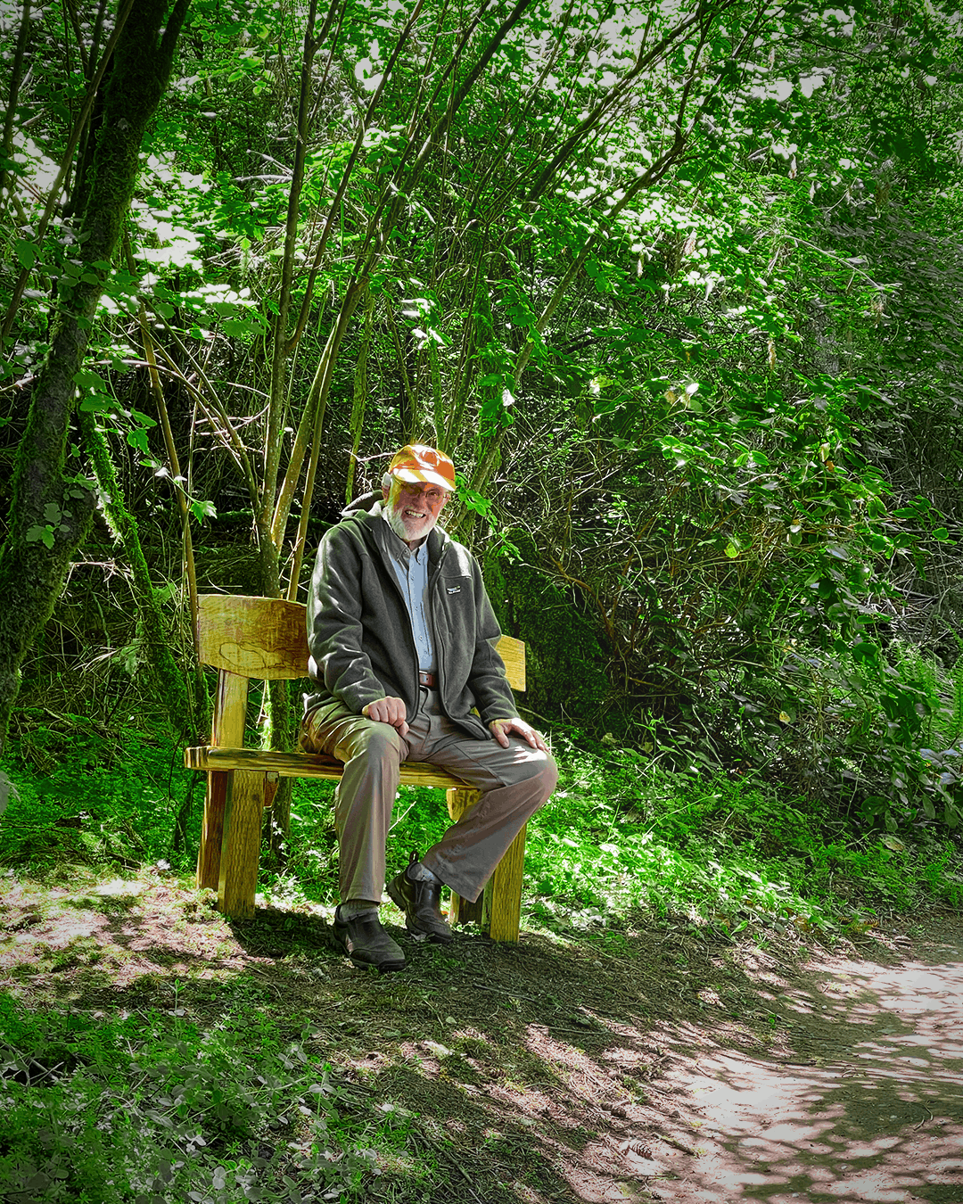 A visitor sitting on a wooden bench in the forest