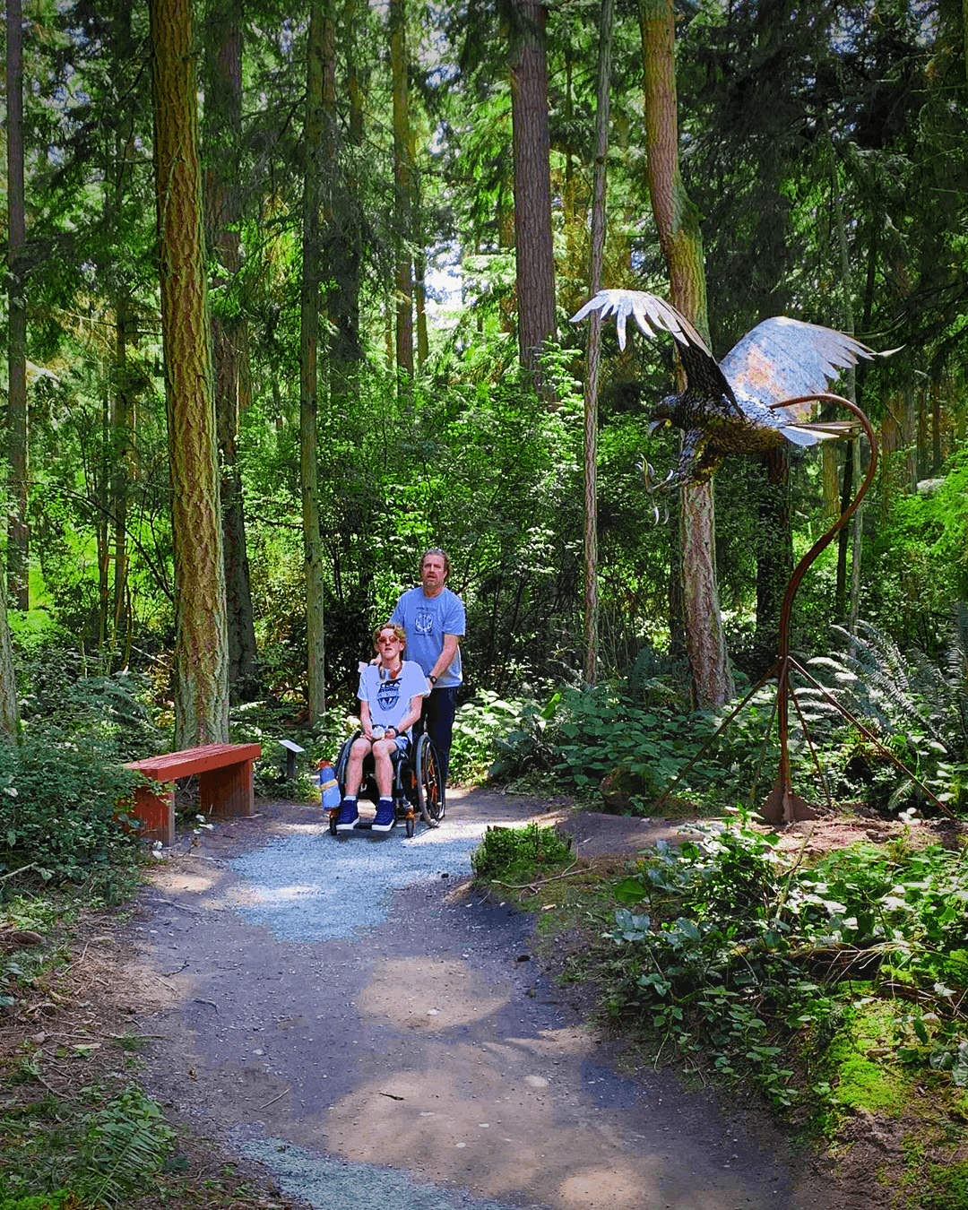 A wheelchair user and companion traveling along an accessible forest trail